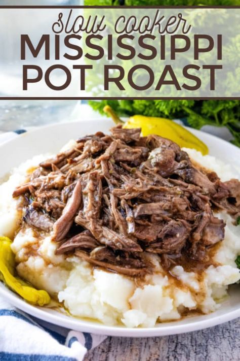 This Slow Cooker Mississippi Pot Roast is the easiest and most delicious pot roast you'll ever make! This popular recipe is FULL of flavor! Mississippi Pot Roast Recipe, Slow Cooker Mississippi Pot Roast, Delicious Pot Roast, Mississippi Roast Recipe, Slow Cooker Pot Roast Recipes, Classic Pot Roast, Mississippi Pot, Mississippi Roast, Pot Roast Recipe