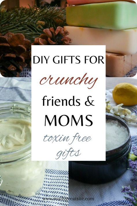 homemade christmas soaps, homemade body butter lotion, and homemade sugar scrub behind words "DIY gifts for crunchy friends and moms" Nontoxic Laundry Detergent, Diy Gifts For Moms, Crunchy Mom Gifts, Homemaker Gifts, Nontoxic Cleaning Products, Holistic Nurse, Crunchy Life, Toxin Free Skincare, Homemade Gifts For Friends