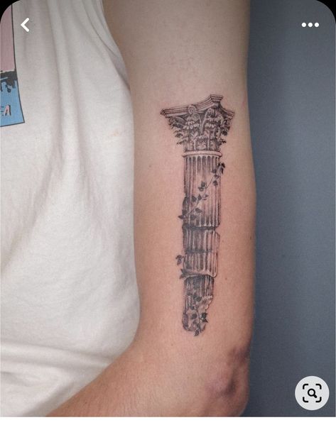 Greek Colloseum Tattoo, Greek And Roman Mythology Tattoos, Greek Pilar Tattoo, Greek Flower Tattoo, Greek Mythology Tattoos Achilles, Roman Pillar Tattoo, History Tattoos For Men, Greek Vine Tattoo, Greek History Tattoo