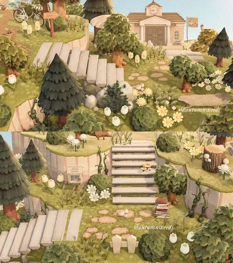 Forest Entrance Animal Crossing, Acnh Museum Entrance Ideas Cottagecore, Acnh Springcore Entrance Ideas, Spring Core Acnh Entrance, Museum Entrance Animal Crossing Cottagecore, Animal Crossing Forestcore Entrance, Acnh Maypole Ideas, Acnh Meadowcore Entrance, Stone Paths Animal Crossing