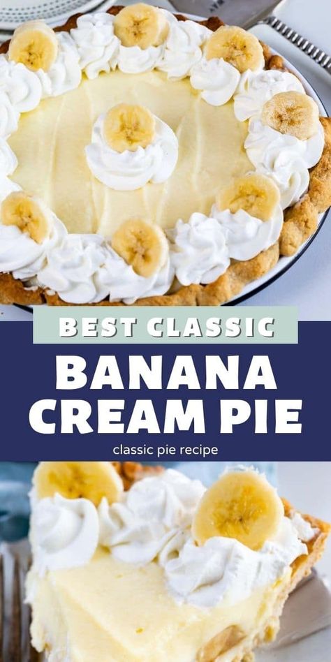 This is the BEST Banana Cream Pie Recipe from scratch with pudding! This pie has homemade pudding with a from scratch crust and fresh whipped cream. It's an easy old-fashioned pie! Cream Pie Filling, Banana Cream Pie Recipe, Banana Pie, Homemade Pudding, Homemade Snickers, Cream Pie Recipes, Easy No Bake Desserts, Banana Cream Pie, Baked Banana