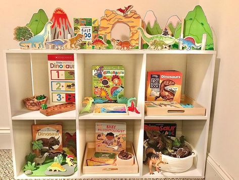 Dinosaur Montessori Bedroom, Dinosaur Toy Rotation, Themed Toy Rotation, Toy Rotation Shelf, Toy Rotation Themes, Dinosaur Shelf, Wood Dinosaur, Montessori Decor, Homeschool Units