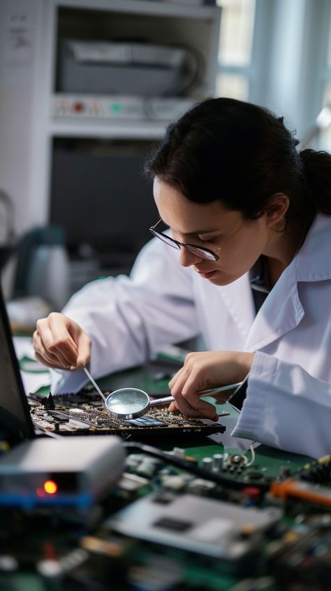 Focused Technical Work: A dedicated female technician meticulously inspects an electronic circuit board through a magnifying glass in a lab. #technology #inspection #electronics #technician #magnifying glass #circuit board #concentration #lab coat #aiart #aiphoto #stockcake https://ayr.app/l/Ktsx Engineer Woman, Electronic Technician, Electronic Circuit Board, Female Engineer, Work Images, Electronic Circuit, Master Of Science, Electronic Engineering, Computer Technology