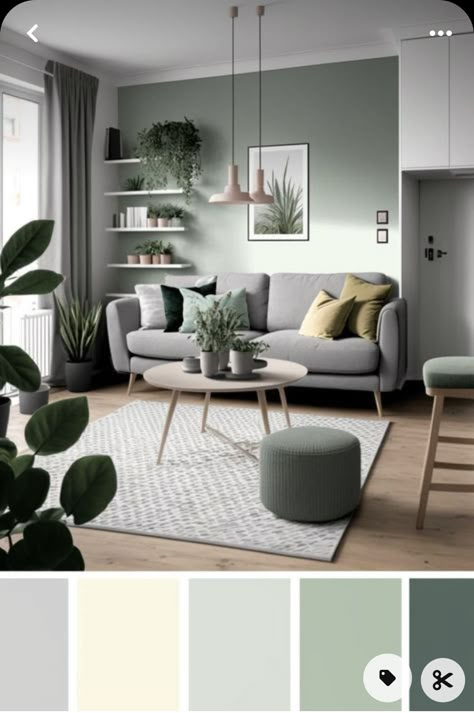 Cheap Couches, Sage Living Room, Pallet Wardrobe, Palette Living Room, Sage Green Living Room, Green Living Room Decor, Room Color Combination, Color Palette Living Room, Feature Wall Living Room