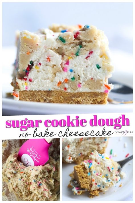 No Bake Cookie Dough Cheesecake Bars, Cookie Dough No Bake, No Bake Cookie Dough Cheesecake, No Bake Cheesecake Bars, Cookie Dough Cheesecake Bars, Sugar Cookie Cheesecake, Fancy Deserts, Cookie Dough Cheesecake, Edible Cookie Dough Recipe