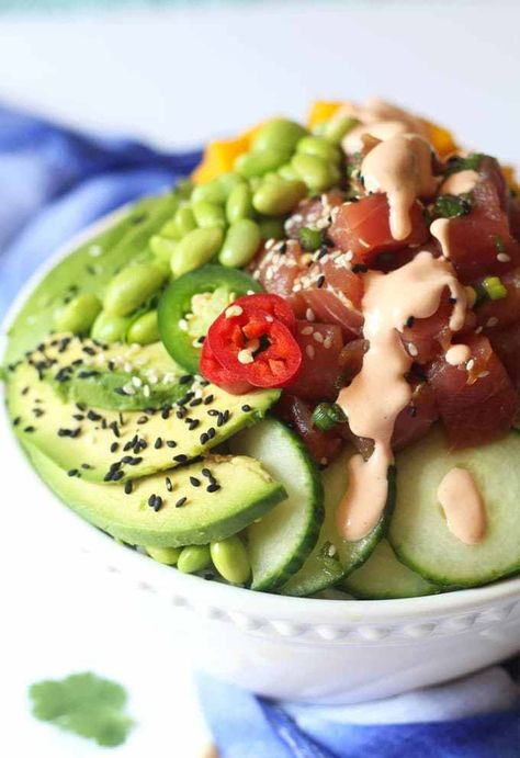 Tuna Stack, Ahi Tuna Poke Bowl, Ponzu Sauce Recipe, Homemade Poke, Tuna Poke Bowl Recipe, Hawaii Recipes, Food Entrees, Ahi Tuna Poke, Ponzu Sauce