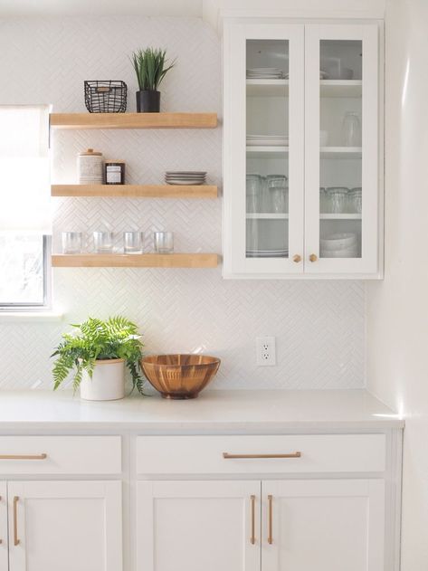 White Cabinets Wood Shelves, White Kitchen Cabinets With Wood Shelves, White Kitchen With Wood Shelves, White And Light Brown Kitchen, White Sage Kitchen, Wood Kitchen Hardware, White And Light Wood Kitchen, White Kitchen Brass Hardware, Sage Green And White Kitchen