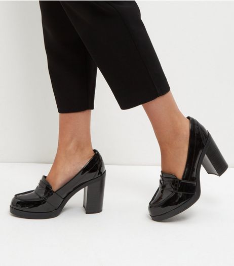 Wide Fit Black Patent Loafer Block Heels | New Look Loafer Heels Outfit, Heeled Loafers Outfit, Black Patent Loafers, Loafers Outfit, Patent Loafers, Block Heel Loafers, Shoe Gallery, Heels Outfits, Heeled Loafers