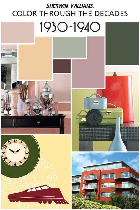 As part of our 150th anniversary celebration, we’re featuring the color palettes from the most memorable decades, starting with the 1930s and ’40s. The Bauhaus-inspired modern movement featured impactful, streamlined design. Interior colors tended to be soft and dusty with yellows, bluish grays and pinks with deep green and burgundy accents. Want this look for your home? Try Vogue Green SW 0065, Cascade Green SW 0066, Belvedere Cream SW 0067, Copen Blue SW 0068 and Orchid SW 0071. Vogue Green, 1930s Living Room, Cascade Green, 1940s Interior, 1930s House Interior, Copen Blue, Istoria Modei, Deco Interiors, Living Colors