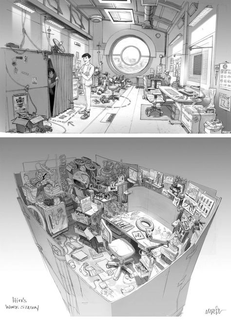 Big Hero 6 Background Concept Art, Big Hero 6 Technology, Technology Room Design, Big Hero Six Concept Art, Environment Design Concept Art, Concept Art Room, Lab Concept Art, Workshop Concept Art, Big Hero 6 Concept Art