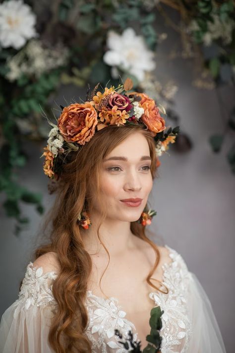 Orange Boho Flower Crown Fall Hair Accessories Autumn Flower - Etsy Wedding Floral Headband, Marigold Flower Crown, Large Flower Crown, Wedding Hairstyles Flower Crown, Wedding Hair With Flower Crown, Hairstyles With Flower Crown, Boho Wedding Flower Crown, Autumn Flower Crown, Floral Crown Bride