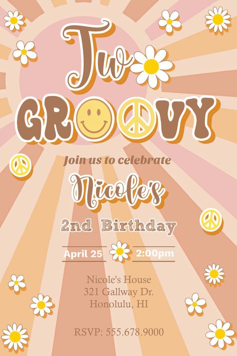 Two Groovy Birthday Party Invitation, Too Groovy Birthday Party, Groovy Two Birthday, Hippie Birthday Party Ideas, 2 Groovy Birthday Party, Groovy Invitations, 70s Birthday Party, Groovy 2nd Birthday, Groovy Birthday Invitation