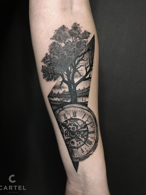 Tree Clock Tattoo, Tree And Clock Tattoo, Geometric Tattoo Tree, Scottish Tattoo, Tree Sleeve Tattoo, Best Leg Tattoos, Delicate Tattoo, Watch Tattoos, Leg Sleeve Tattoo