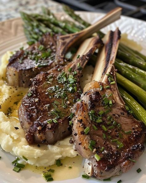 Cookerecipe | Lamb Chops with Mashed Potatoes and Asparagus | Facebook Lamb With Mashed Potatoes, Lamb Chops With Mashed Potatoes, Lamb Chop And Mashed Potatoes, Lamb Chops Aesthetic, Lamb Chops Dinner, Lamb Chops Recipes, Mashed Potatoes And Asparagus, Garlic Lamb Chops, Potatoes And Asparagus