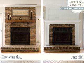 Fireplace makeover, keeping some exposed brick and building a mantle + plank wall over the top  |  The Lettered Cottage ...this idea would be perfect at the new house. The Lettered Cottage, Lettered Cottage, Fireplace Redo, Fireplace Update, Brick Fireplace Makeover, Fireplace Remodel, Diy Fireplace, Home Fireplace, Fireplace Makeover