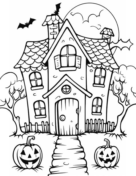 Haunted House Coloring, Halloween Coloring Pages Printable, House Coloring Pages, Cute Halloween Coloring Pages, Free Halloween Coloring Pages, Halloween Coloring Sheets, Vintage Halloween Images, Witch Coloring Pages, Pumpkin Coloring Pages