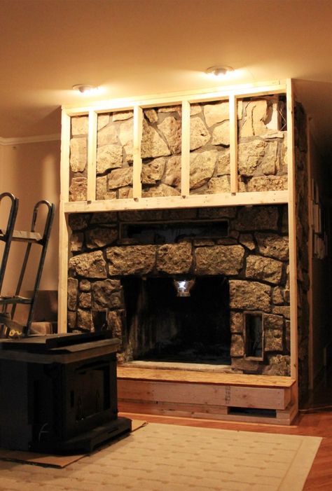 Fireplace Build Out Insert Plaster Over Rock Fireplace, Large Rock Fireplace Makeover, Faux Stone Fireplace Surround, Covering Stone Fireplace, Plaster Over Stone Fireplace, Old Stone Fireplace Makeover, River Rock Fireplace Makeover, Painting Stone Fireplace, 1960s Fireplace