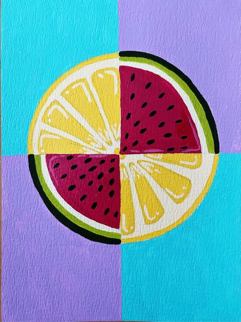 Easy Lemon Paintings On Canvas, Retro Easy Paintings, Painting Ideas Summer Vibes, Cute Easy Summer Paintings, Watermelon Canvas Painting, Easy Food Paintings, Summer Easy Paintings, Summer Painting Easy, Crtanje Za Decu