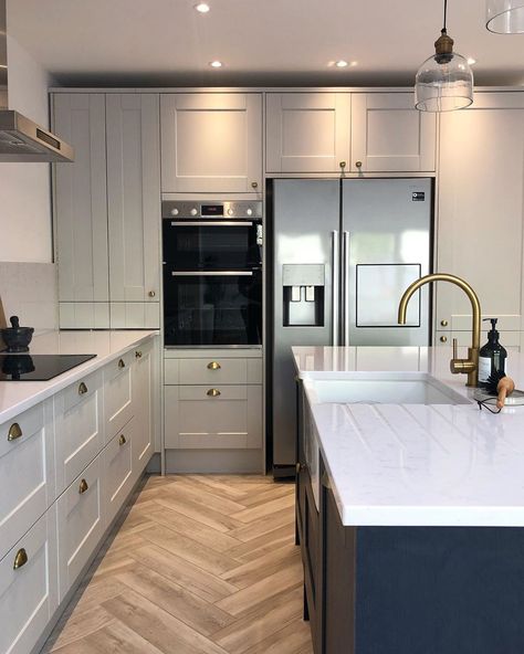 Navy And Grey Kitchen, Kitchen Howdens, Lusso Stone, Howdens Kitchen, Howdens Kitchens, Kitchen Diner Extension, Open Plan Kitchen Dining Living, Grey Kitchen Designs, Open Plan Kitchen Dining