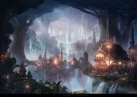 Elf City, Ars Magica, Elven City, Fantasy Backgrounds, Dragon Raja, Tree Town, City Tree, Elves Fantasy, Fantasy Background