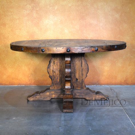 Round Hacienda Dining Table, Spanish Style Dining Table, Farmhouse Dining Room Small Hacienda, Round Rustic Dining Table, Spanish Style Bedroom, Rustic Round Table, Rustic Round Dining Table, Tuscan Dining Rooms, Spanish Style Furniture, Dining Table Farmhouse, Mexican Interior Design