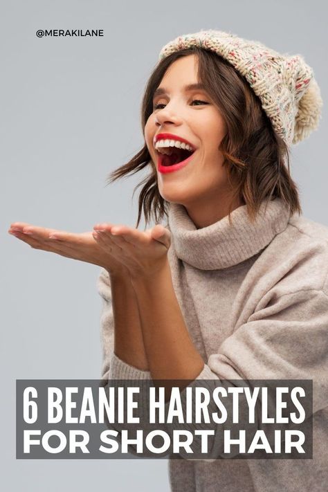 No matter your cold weather plans, here are 26 cute and easy hairstyles with beanies for winter, at every hair length! Beauty Beanie For Short Hair, Curly Hair And Beanies Hairstyles, How To Wear A Toque With Short Hair, Hairdo With Beanie, How To Style A Beanie With Curly Hair, Beanie And Short Hair, Short Hair Winter Hat, Beanie On Short Hair, Short Hair With Beanie Winter