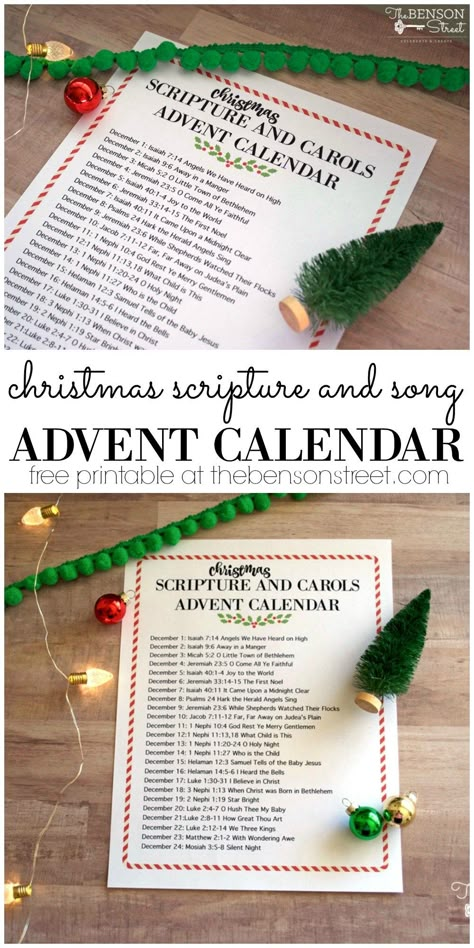 A fun way to get into the Christmas spirit with a Scripture and Carol Advent Calendar free printable at thebensonstreet.com #freeprintable #hisday #lds #ldsprintables #christmasprintables #christmas Scripture Advent Calendar For Kids, Lds Christmas Countdown, Lds Christmas Advent Calendar, Christmas Scripture Advent Calendar Lds, Advent Verses For Kids, Scripture Advent Calendar Lds, Lds Advent Calendar Scriptures, Bible Advent Calendar, Lds Christmas Program Ideas