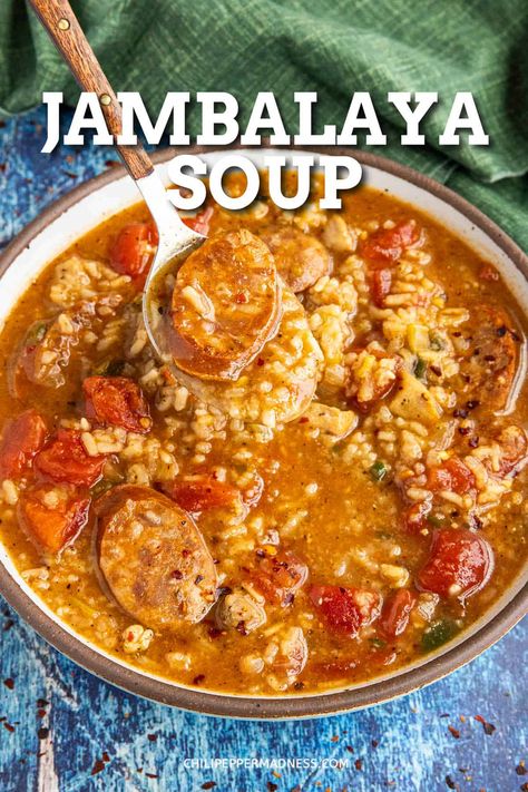 This jambalaya soup is comforting and delicious, loaded with smoky andouille sausage, juicy chicken, and rice, big flavors in a single pot! Easy to make with shrimp, too. Andouille Recipes, Jambalaya Soup Recipe, Jambalaya Soup, Andouille Sausage Recipes, Chicken Sausage Recipes, Gumbo Soup, Homemade Cajun Seasoning, Jambalaya Recipe, Louisiana Recipes