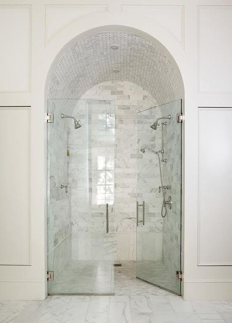 Double Shower Heads, Barrel Ceiling, Marble Showers, Stunning Bathrooms, Bathroom Ceiling, Yellow Bathrooms, Home Luxury, Bathroom Renos, Seminyak