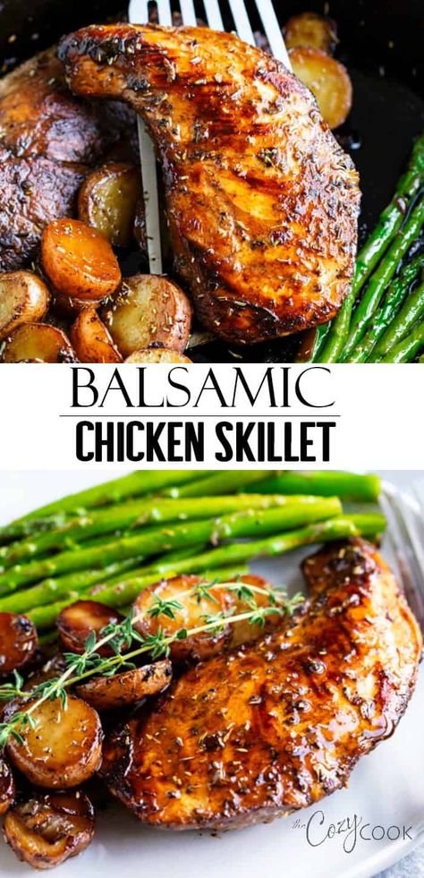 Balsamic Chicken Marinades, Potatoes And Veggies, Balsamic Marinade, Chicken Skillet Recipes, Seasoned Potatoes, Chicken Skillet, Skillet Dinners, One Skillet, Balsamic Chicken