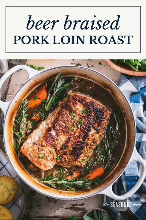 Tender and juicy, this beer-braised pork loin roast transforms an affordable cut of meat into a delicious comfort food dinner. Prepare it in a Dutch oven or in a Crock Pot, and finish it off with a quick pan gravy and a side of cornbread! Braised Pork Loin Dutch Ovens, Braised Pork Tenderloin Dutch Oven, Pork Loin In Dutch Oven, Pork Loin Dutch Oven, Pork Roast Recipes Dutch Oven, Pork Loin Dutch Oven Recipes, Pork Roast Dutch Oven, Pork Loin In Oven, Dutch Oven Pork Loin