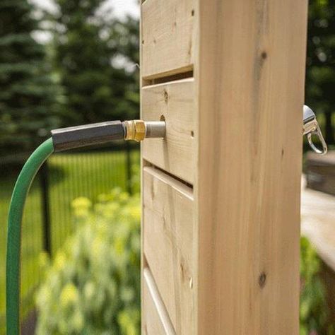 Provides a garden hose-ready connection to your outdoor shower. Outside Showers Diy, Outside Shower Ideas Backyards, Shower Hardware, Sauna Ideas, Eastern White Cedar, Outside Showers, Diy Rack, Portable Hot Tub, Solar Shower