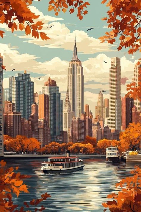 Autumn NYC Skyline Canvas Print featuring Iconic Empire State and Colorful Fall Leaves Wall Art for Home Decor by CustomCanvasCurators Get ready to bring a piece of the bustling NYC spirit into your home with this stunning canvas print featuring the iconic skyline and warm fall colors 🌆🍂 Perfect for city lovers and art enthusiasts alike, it's the ideal focal point for any room. Whether you're a fan of cityscapes or simply want to add some elegance to your decor, this piece promises to spark... New York Autumn, Photographie New York, Leaves Frame, Leaves Wall Art, Nyc Fall, Ville New York, Autumn In New York, Art For Home Decor, Nyc Skyline