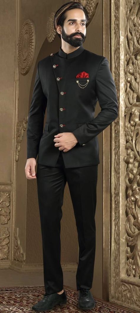 Jodhpuri Designer SuitClassic & luxurious Black Jodhpuri hip length CoatHeavy Weight 1100 GRAMSTwo deep pockets at bottom and breast pocket finished with Black satin bindingPerfect for Wedding hosting, smoking, lounging & all occasionsPerfect gift for the perfect man or just as a personal treatFREE FAST 5-7 DAY ORDER TO DELIVERY SHIPPING ACROSS THE ENTIRE USA Indian Ethnic Wear Mens, Wedding Suit Indian, Black Jodhpuri, Suits Men Wedding, Men Wedding Suit, Wedding Suits Men Black, Indian Wedding Suits Men, Prince Suit, Suit For Men Wedding