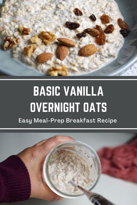 A bowl of vanilla overnight oats and a jar with basic overnight oats. Chia Seed And Oats Overnight, Overnight Oats Healthy No Chia Seeds, Oat Chia Overnight, Oatmeal And Chia Seeds Overnight Oats, Flax Seed Overnight Oats, Overnight Oats With Yogurt And Chia, Overnight Oats With Flax Seed, Chia Seed Oatmeal Overnight Oats, Oat Milk Recipes Ways To Use