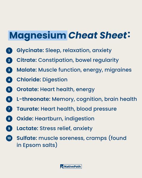 Make sure you're taking the right magnesium ⬇️

Click to learn how to choose the right type of magnesium for your needs PLUS find out the best magnesium dosage to prevent an upset stomach.

#Magnesium #HealthyAging #Healthspan #Longevity #OnThePath Different Magnesium, Magnesium Cheat Sheet, Health Benefits Of Magnesium, Magnesium Oil Recipe, What Magnesium Should I Take, Different Types Of Magnesium, How To Make Magnesium Oil, Magnesium L-threonate Benefits, Types Of Magnesium Chart