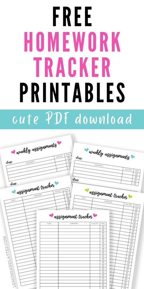 Stay on top of homework assignments with these free printable homework trackers for kids. These are perfect for kids in middle school, high school, and even college students. Use these to stay on top of big projects, essays due, or any other upcoming assignments that you need to keep track of! Homework Management, Homework Planner Printable, Homework Binder, College Printables, High School Planner, Student Weekly Planner, Assignment Tracker, Homework Tracker, Assignment Planner