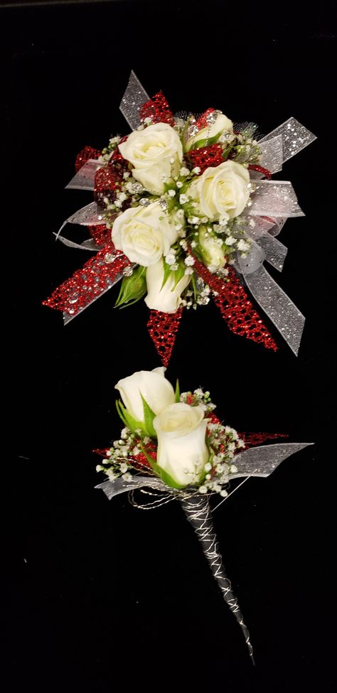 Homecoming 2024, Prom Corsages, Church Anniversary, White Boutonniere, Red And White Roses, Corsage Prom, Prom Flowers, Red And Silver, Red Prom