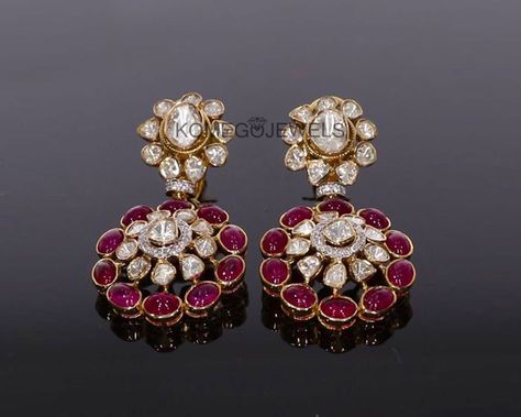 Real Diamond Earrings Indian, Polki Jewellery Jaipur, Ruby Earrings Indian, Uncut Earrings, Kundan Jhumkas, Ear Tops, Earrings Kundan, Real Diamond Earrings, Polki Earrings