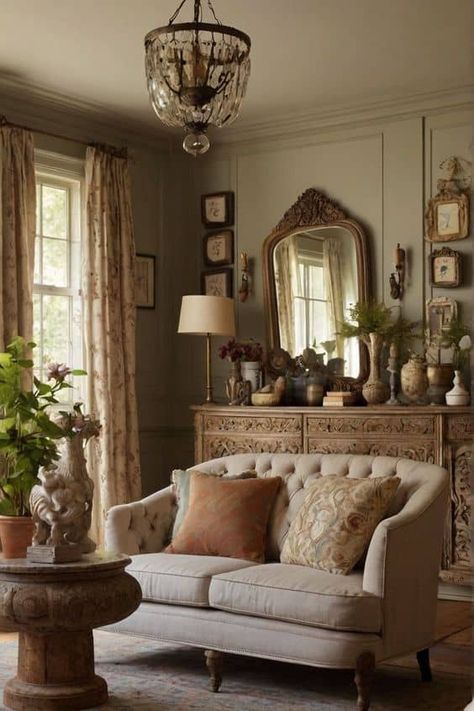 20 Cozy Cottage Core Living Room Decor Ideas » Lady Decluttered Southern Interior Design Living Room, 1800s Home Aesthetic, Small French Living Room, Organic Vintage Living Room, Vintage Sunroom Ideas, 1900s Interior Design, Vintage Couch Living Room, Vintage Living Room Aesthetic, Vintage Cottage Living Room