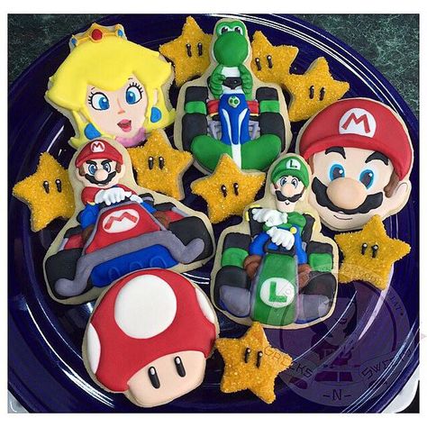 Mario Kart Cookies | Cookie Connection Mario Kart Cookies Decorated, Mario Kart Cookies, Nintendo Cookies, Luigi Cookies, Go Kart Party, Mario Kart Cake, Mario Kart Party, Peach Cookies, Super Mario Kart