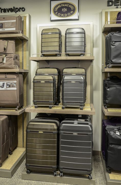 How To Store Suitcases At Home, Luggage Storage Ideas, Luggage Closet, Bag Store Display, Acne Store, Suitcase Display, Upside Down House, Shoe Store Design, Suitcase Storage