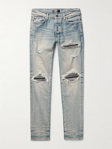 AMIRI compares making its jeans to surgery, each pair is destroyed, then carefully reassembled in a process that can take up to three months. This skinny 'MX1' style is cut from flexible stretch-denim that's ripped and repaired with panels. Small to size. See Size & Fit notes. Amiri Jeans Men, Mens Ripped Jeans, Amiri Jeans, Muscular Legs, Flexible Stretches, Ripped Jeans Men, Jeans For Men, Mens Designer Fashion, Mr Porter