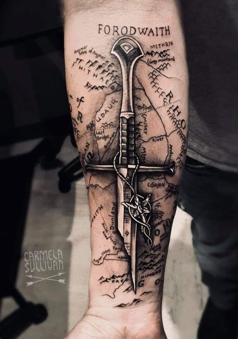 Hobbit Tattoo, Tolkien Tattoo, Viking Tattoos For Men, Lotr Tattoo, Rings Tattoo, Viking Tattoo Sleeve, Map Tattoo, Masculine Tattoos, Lord Of The Rings Tattoo