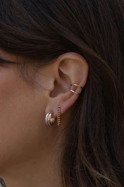 Mixed Metal Ear Curation, Eat Stack, Mixed Metal Earring Stack, Eat Cuffs, Layering Earrings, Earring Stacks, Ear Cuff Gold, 2024 Moodboard, Silver Gold Earrings