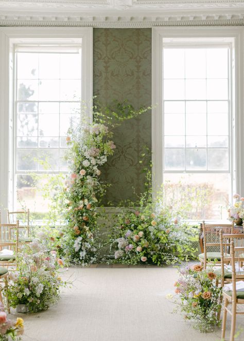 Flower Wedding Ceremony Backdrop, Flowers At The Alter, Deconstructed Floral Arch Wedding, Spring Wedding Alter Ideas, Harlow James, Wedding Floral Backdrop, Wedding Ceremony Flower Arrangements, Altar Flowers Wedding, Flower Arches