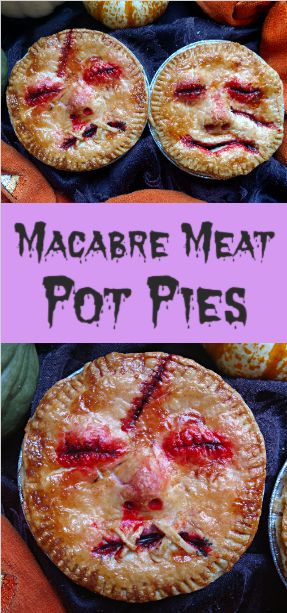 Halloween pie?  Creepy pie? Macabre meat pies may be ghoulish to look at, but are so tasty. Sirloin steak braised with rosemary and vegetables and baked inside a flaky English Wig crust, a perfect and very tasty savory Aussie Meat pot pie.  Sweeney Todd Style. Halloween Food For Party Dinners, Meat Pot Pie, Savory Halloween Food, Party Dinners, Food For Party, Creepy Food, Spooky Dinner, Dinner Pies, Halloween Food Dinner