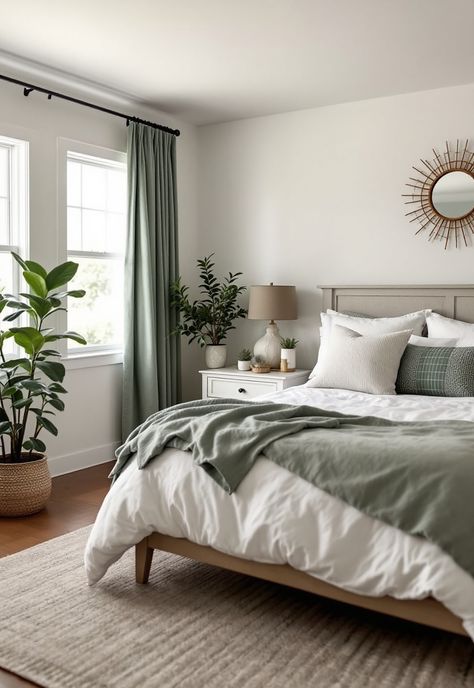 Sage Green Farmhouse Bedroom Sage Tan Bedroom, Sage Green Gray And White Bedroom, Bedroom With Green Sheets, Sage Gray Bedroom, Dark Green And Sage Bedroom, Soft Sage Bedroom, Green Accented Bedroom, Sage Green Home Decor Ideas, Green Bedroom With White Furniture