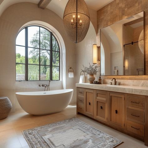 42 Bathroom Remodel Ideas That Will Make You Want To Renovate Today - Edward George Spanish Revival Master Bath, Skylight Master Bath, Freestanding Tubs In Master Bath Modern, Freestanding Tub Bathroom Ideas, Master Bath Freestanding Tub Ideas, Master Bath With Fireplace, Italy Inspired Bathroom, Cute House Bathroom, Dream House Decor Bathroom