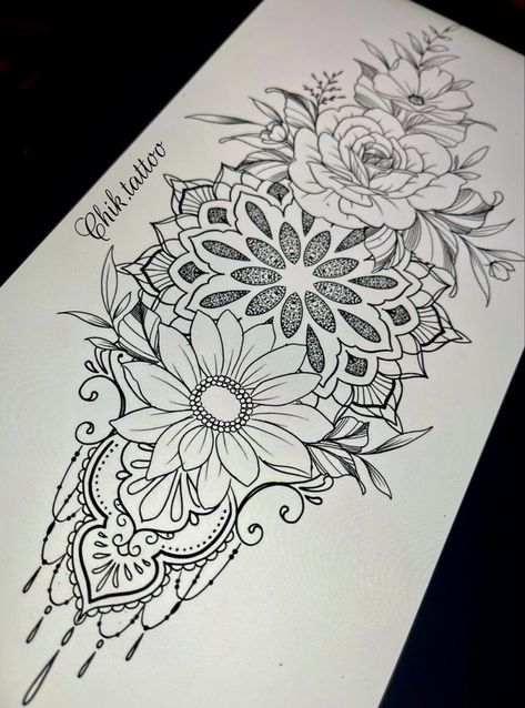 Hip Tattoos Women Mandala, Sunflower Mandala Tattoo Sleeve, Mandala Floral Tattoo Sleeve, Mandala Knee Tattoos Women, Mandala Elbow Tattoo Women, Tattoo Designs Fine Line, Around The Knee Tattoos Women, Sleeve Mandala Tattoo, Mandala Tattoo Sketch